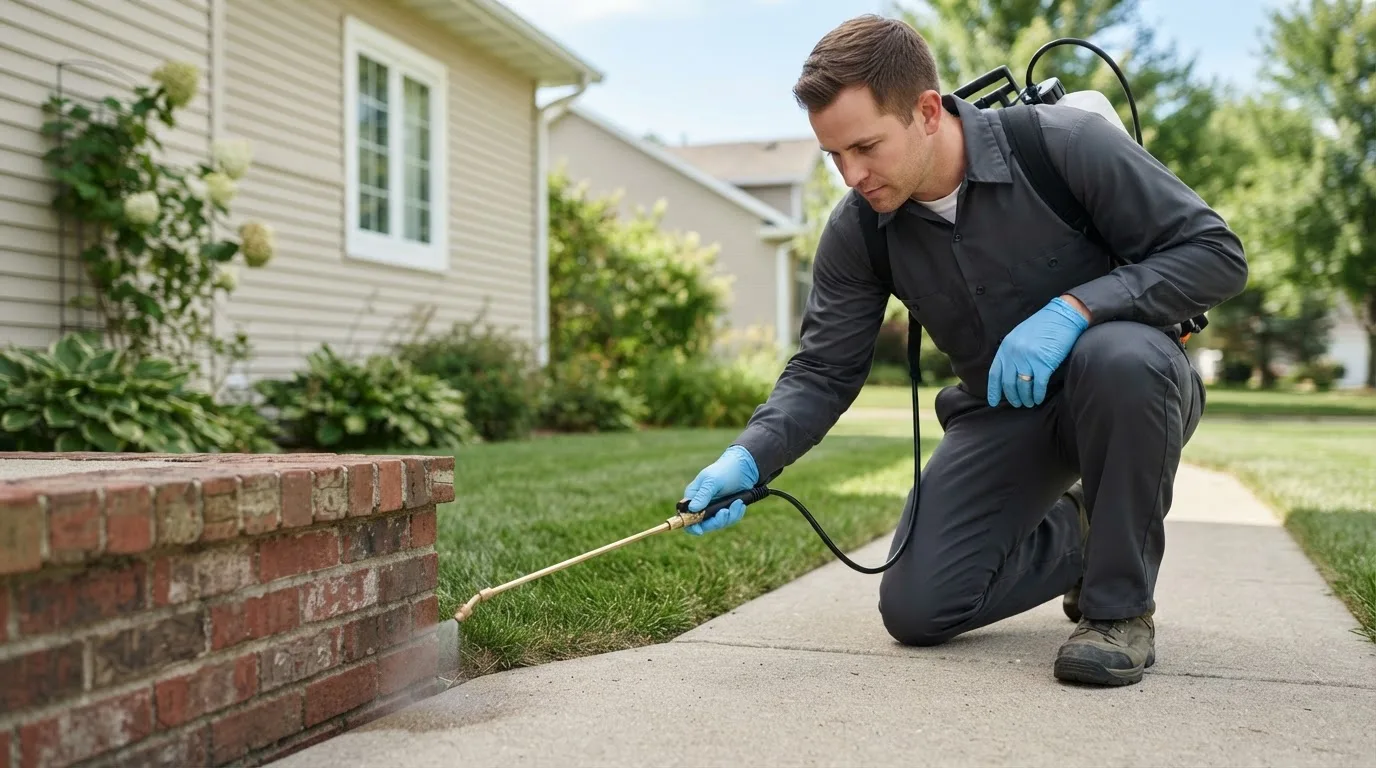 Pest control technician treating a home near Litchfield, IL
